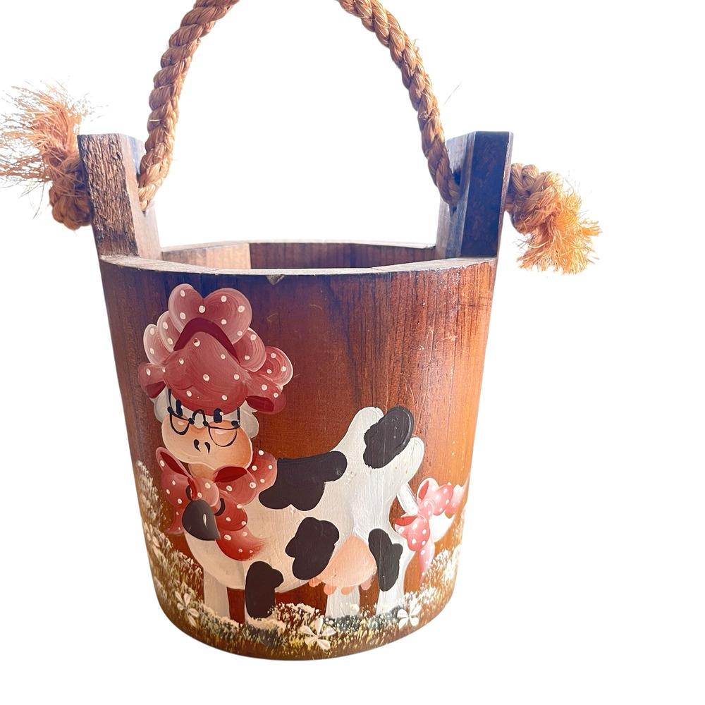 Wooden Bucket Cow Painted Retro 80s Tole Painted Kitsch Handmade Mauve Chic